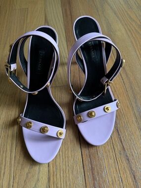 Versace Lavender Leather Ankle-Strap Sandals with Gold Medallions